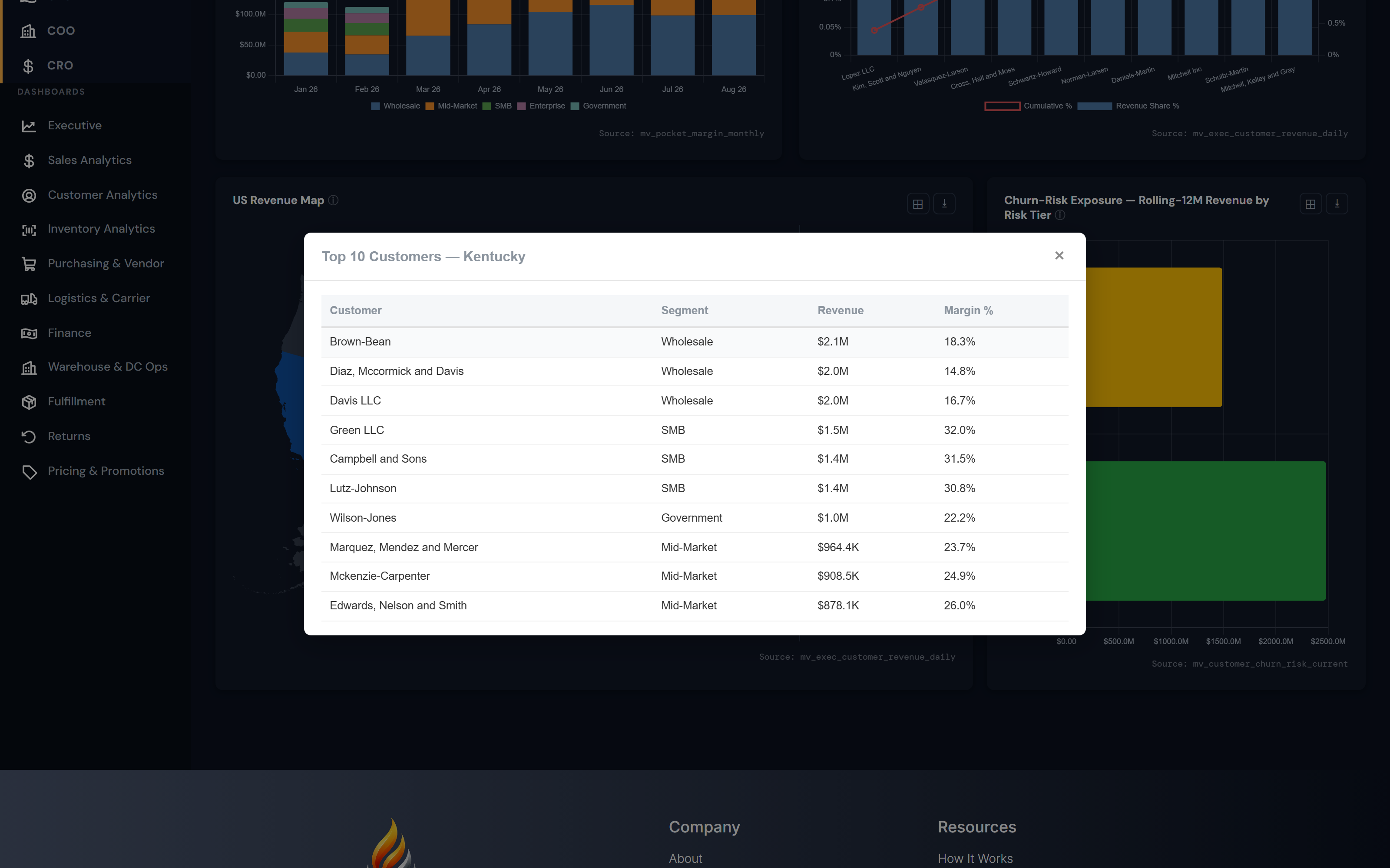 Top 10 customers modal for Texas showing customer, segment, revenue, and margin